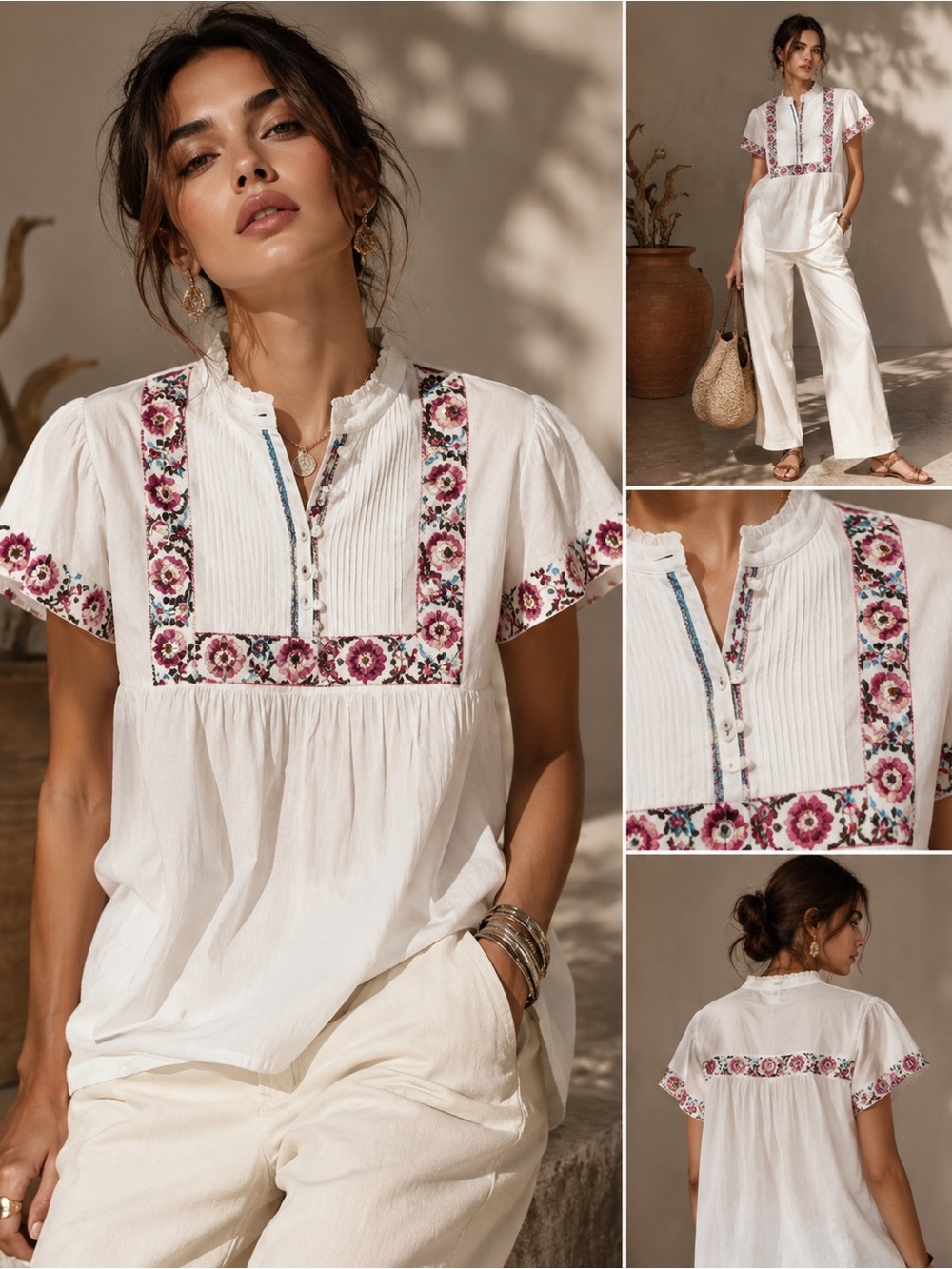 Solitaire Women’s Cotton Embroidered Peasant Blouse White Boho Floral India M